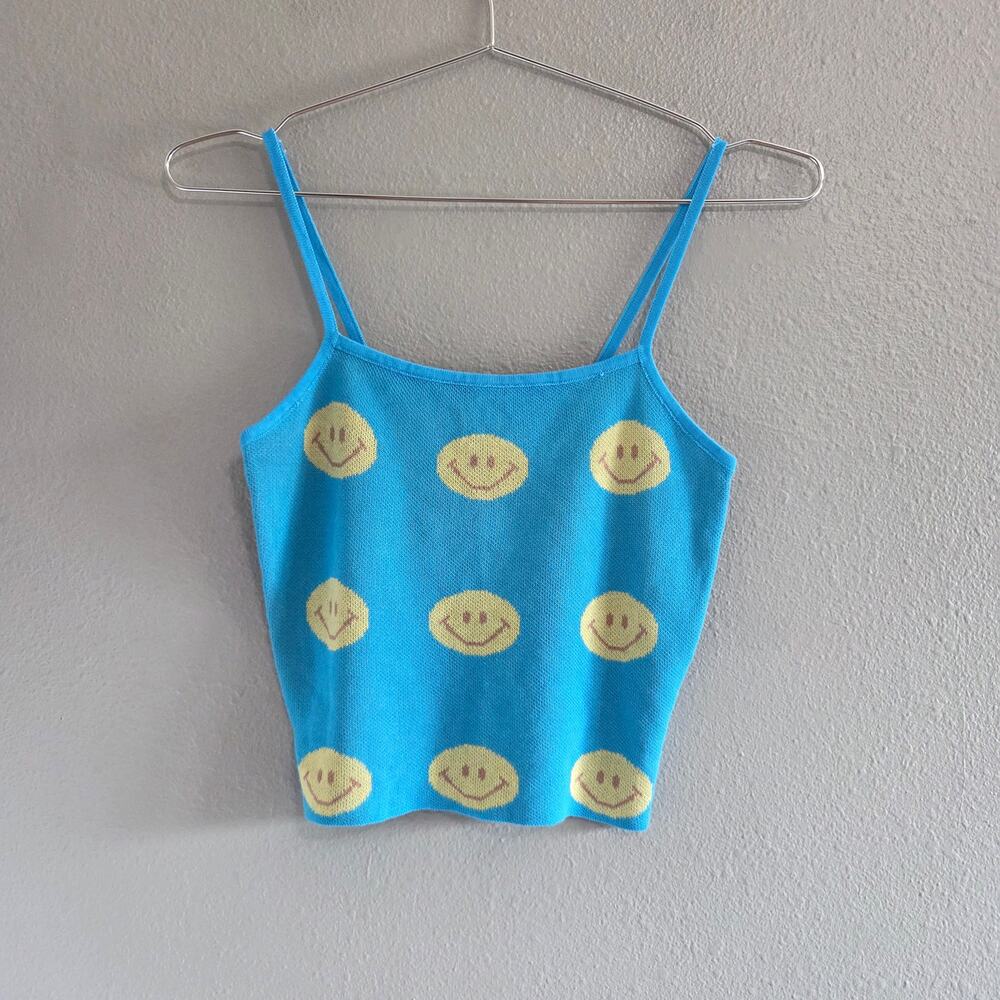 Colorful Natalie Smiley Face Crop Cami Tank Top Blue Yellow Womens Size XS